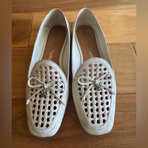 Tory Burch Cream Perforated Leather Loafers with Bow